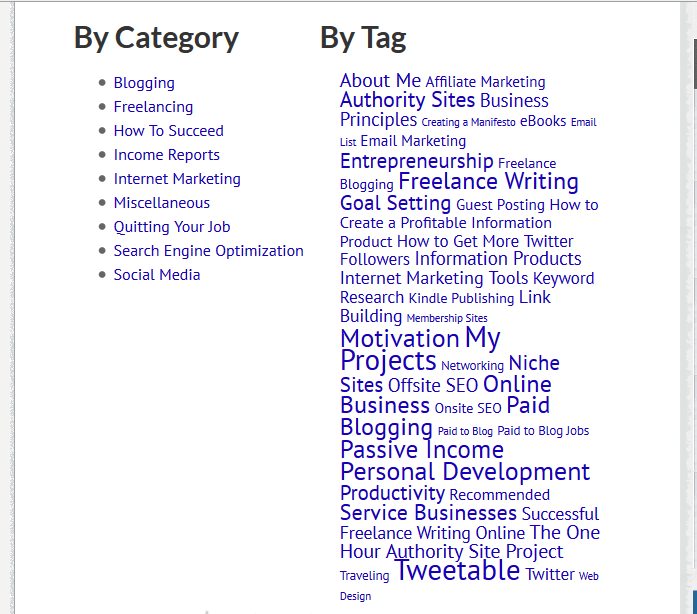 Here's the Archives page on one of Tom's websites, Leaving Work Behind. You'll notice that since categories are a broad grouping, there are few of them. Meanwhile, tags abound. You can also see that the more posts a tag is attached to, the large that tag's text appears on the Archives page.