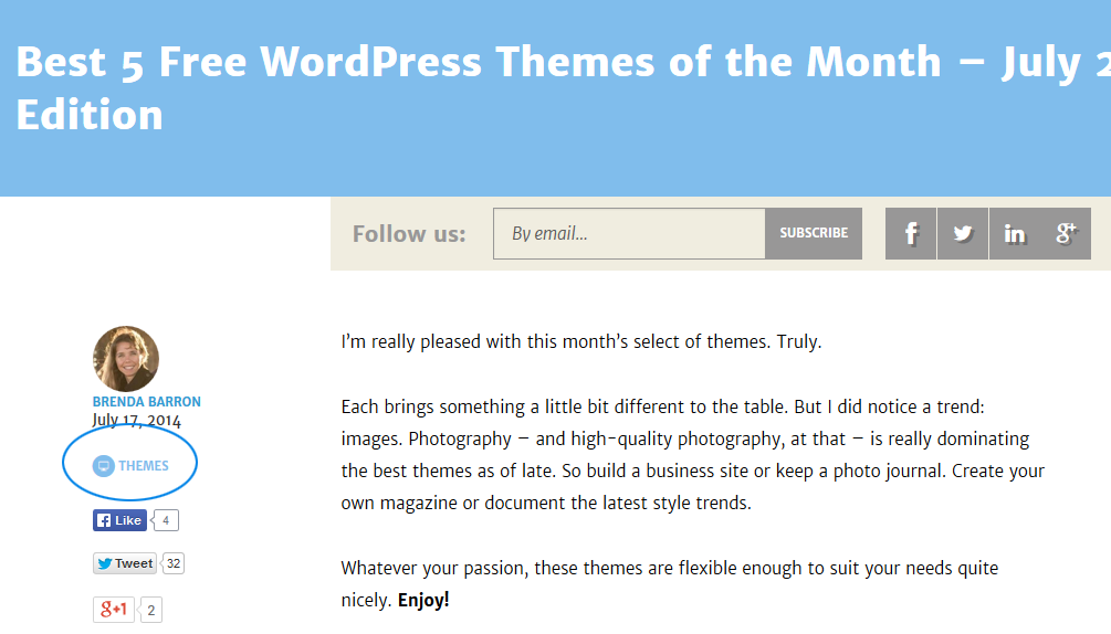 On the ManageWP blog, the category for each post is shown below the author name.